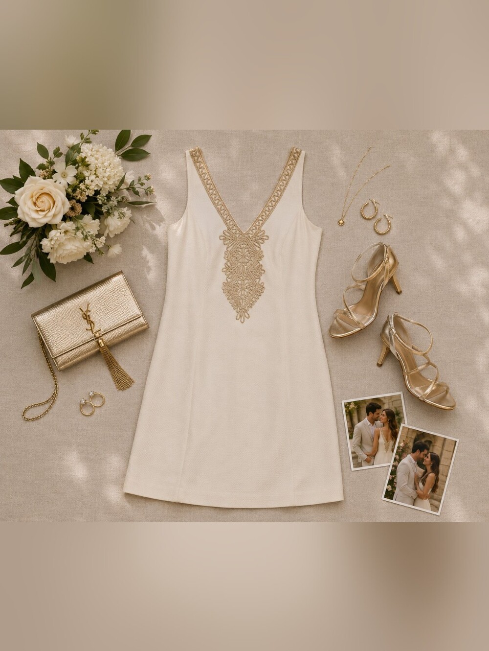 Jessica Howard Cream Mini Dress with Gold Embellished V-Neck
